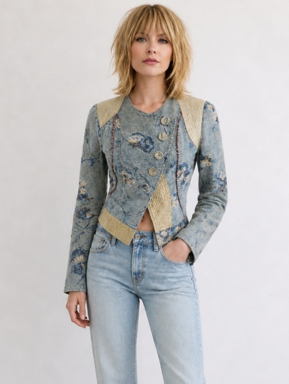 Naughty | Vintage Blue Floral Jacket | Tailored Button Front | Artistic Print
